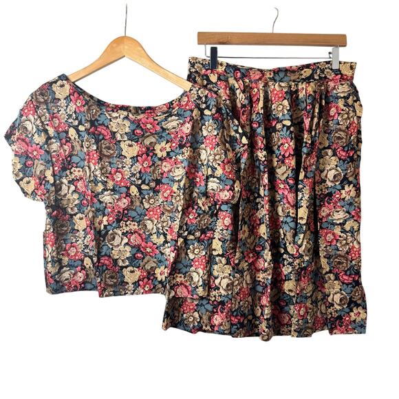 La Bene Vintage Outfit Women’s Large Floral Bohemian Top & Midi Skirt Romantic - Picture 1 of 16